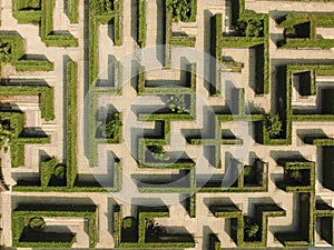 An aerial view of green maze â€œThe Secret Spaceâ€ in Ratchaburi, Thailand.