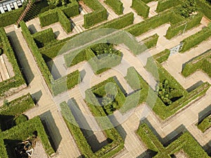 An aerial view of green maze â€œThe Secret Spaceâ€ in Ratchaburi, Thailand.