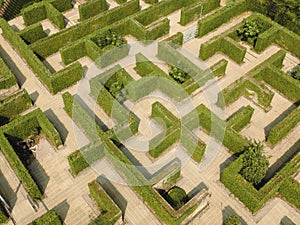 An aerial view of green maze â€œThe Secret Spaceâ€ in Ratchaburi, Thailand.