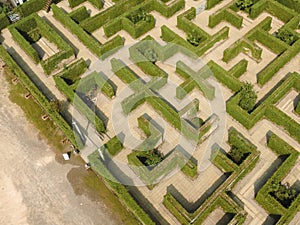 An aerial view of green maze â€œThe Secret Spaceâ€ in Ratchaburi, Thailand.