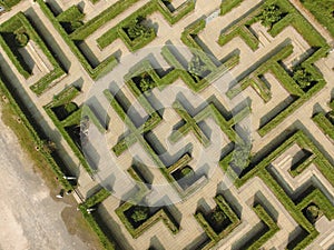 An aerial view of green maze â€œThe Secret Spaceâ€ in Ratchaburi, Thailand.