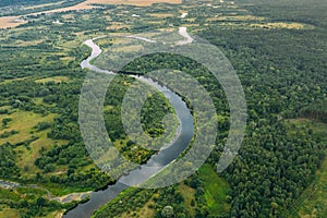 Aerial View Green Meadow, Forest And River Landscape In Spring Evening. Top View Of Beautiful European Nature From High