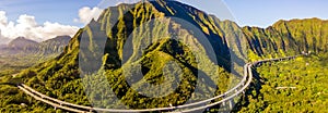 Aerial view of green mountain cliffs and the famous Haiku Stairs in Oahu, Hawaii
