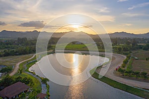 Aerial view of green mountain hill with lake or river. Nature landscape background in Khao Yai, Nakhon Ratchasima, Thailand