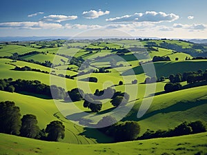 Aerial view of green rolling hills in the yorkshire wolds. generative ai