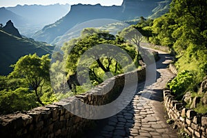 Aerial view of green summer mountains with cobblestone hiking trail, perfect for outdoor exploration