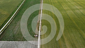 Aerial view on Green wheat field in countryside and small airplane. Field of wheat blowing in the wind at sunny spring