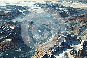 Aerial view of Greenland, glaciers thinning, juxtaposed with arid lands, highlighting global warming