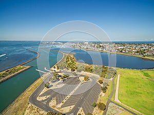 Aerial view of Greenwich Bay and Williamstown Suburb at high noon. Melbourne, Victoria, Australia.