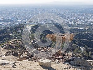 Aerial view of Griffith Observatory and Los Angeles downtown wit