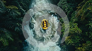 Aerial view of group of adrenaline junkies conquering the wild river rapids, in an extreme white-water rafting adventure