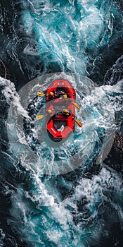 Aerial view of group of adrenaline junkies conquering the wild river rapids, in an extreme white-water rafting adventure