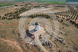 Aerial view of the group of old historic windmills on the hill of Herencia, Consuegra, Spain photo