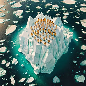 aerial view of group people wearing yellow winter garment  stand on large ice block in ocean