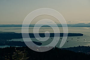 Aerial View of Grouse Mountain with Downtown city. North Vancouver, BC, Canada