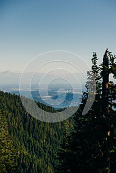 Aerial View of Grouse Mountain with Downtown city. North Vancouver, BC, Canada
