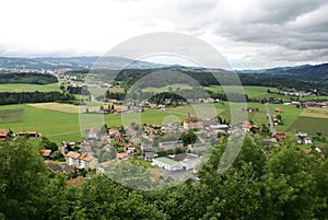 Aerial view of Gruyeres in the canton of Fribourg, Switzerland