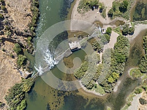 Aerial view of the Guadiana river at Azenhas watermill beach near town of Mertola in southeastern Portuguese Alentejo