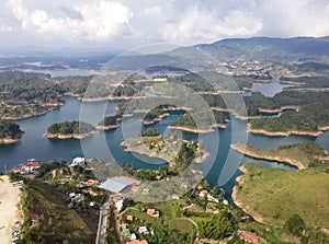 Aerial view of the Guatape dam lakes, Colombia. Ecotourism destination.