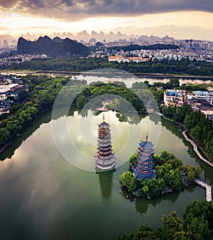 Aerial view of Guilin park with twin pagodas in China