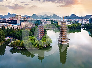 Aerial view of Guilin park with twin pagodas in China