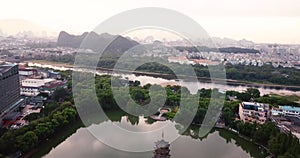 Aerial view of Guilin park with twin pagodas in China