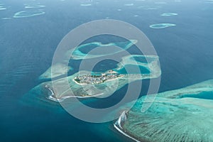 Aerial view of Gulhi Island, Maldives with beaches and Gulhi Harbour, Maldive Atoll