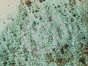 Aerial view of Gunung Payung Secret Beach, Bukit, Bali, Indonesia. Turquoise water, rocks, ocean scenery