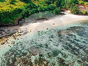 Aerial view of Gunung Payung Secret Beach, Bukit, Bali, Indonesia. Turquoise water, rocks, ocean scenery