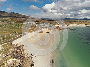 Aerial view on Gurteen bay and beach, county Galway, Ireland. Long stretch of sandy beach and beautiful ocean. Irish landscape.