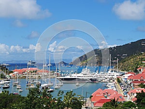 Aerial view at Gustavia Harbor with mega yachts at St Barts