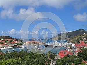 Aerial view at Gustavia Harbor with mega yachts at St Barts