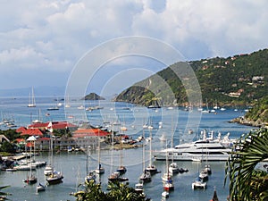 Aerial view at Gustavia Harbor with mega yachts at St Barts, French West Indies