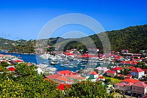 Aerial view of Gustavia Harbor at St Barts, French West Indies.