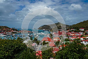 Aerial view of Gustavia Harbor at St Barts, French West Indies.
