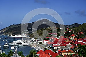 Aerial view of Gustavia Harbor at St Barts, French West Indies.