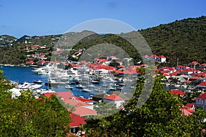 Aerial view of Gustavia Harbor at St Barts, French West Indies.