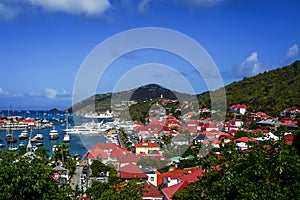 Aerial view of Gustavia Harbor at St Barts, French West Indies.