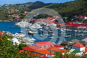 Aerial view of Gustavia Harbor at St Barts, French West Indies.