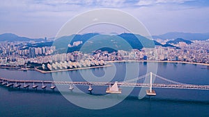 Aerial view of Gwangan bridge and Gwangalli beach in Busan city,