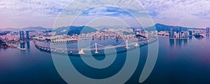 Aerial view of Gwangan bridge and Gwangalli beach in Busan city,