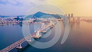 Aerial view of Gwangan bridge and Gwangalli beach in Busan city,