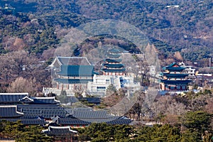 Aerial view of Gyeongbok palace and the Blue House in Seoul city, Korea