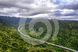 Aerial view of H3 highway in Oahu, Hawaii