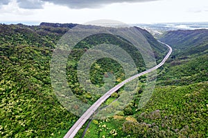 Aerial view of H3 highway in Oahu, Hawaii