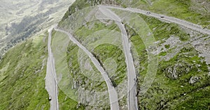 Aerial view of Hairpin Road on Timmelsjoch. Top down view of serpentine Road