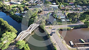 Aerial view of Haleiwa and it`s iconic Rainbow Bridge