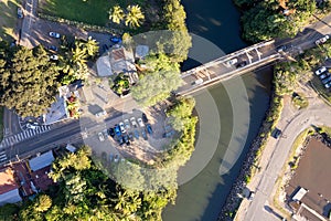 Aerial view of Haleiwa and it`s iconic Rainbow Bridge