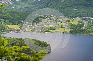 Aerial view of Hallstatt village in Alps, Austria