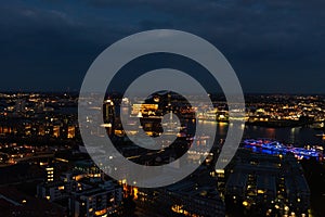 Aerial view of Hamburg in the evening with Elphi and boats